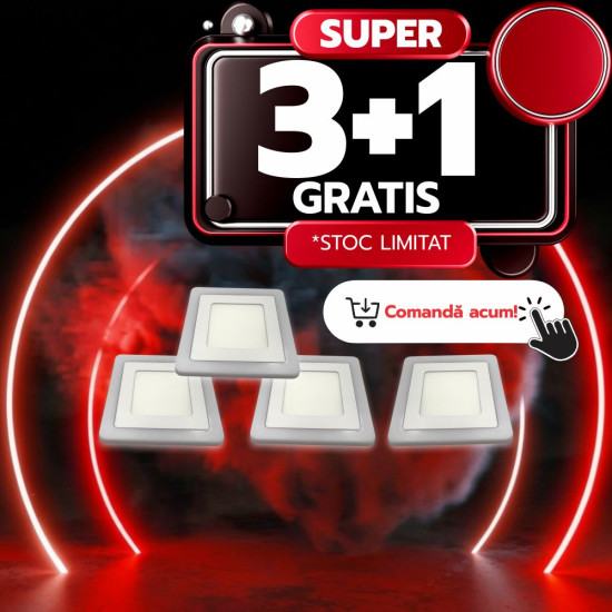 Spot LED Patrat Doua Culori, 24+12W, 3000K-6500K, Trei Functii, 3+1GRATIS
