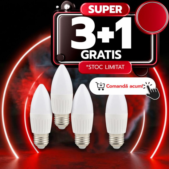 Bec LED lumanare cu baza din ceramica, model C37, dulie E27, 9W=75W, 2700K, lumina calda, 3+1GRATIS
