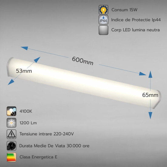 Corp LED baie cu intrerupator, 15w 4100K, lumina neutra, cu protectie IP44, 600mm