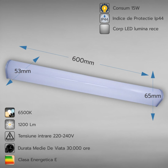Corp LED baie cu intrerupator, 15w, 6500K, lumina rece, cu protectie IP44, 600mm