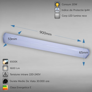 Corp LED baie cu intrerupator, 20w, 6500K, lumina rece, cu protectie IP44, 900mm