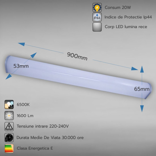 Corp LED baie cu intrerupator, 20w, 6500K, lumina rece, cu protectie IP44, 900mm