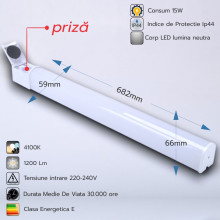 Corp LED baie alb, cu priza, 15w, 4100K, lumina neutra, cu protectie IP44