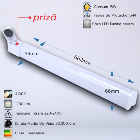 Corp LED baie alb, cu priza, 15w, 4100K, lumina neutra, cu protectie IP44