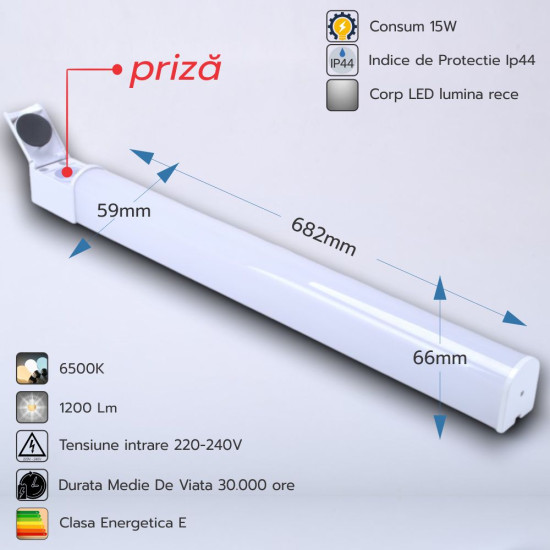 Corp LED baie alb, cu priza, 15w, 6500K, lumina rece, cu protectie IP44