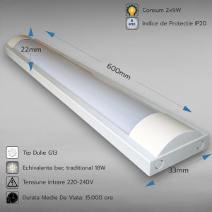 Corp Neon Fida Neechipat pentru Tub Led 2x9W (9W=18W) - 60 cm