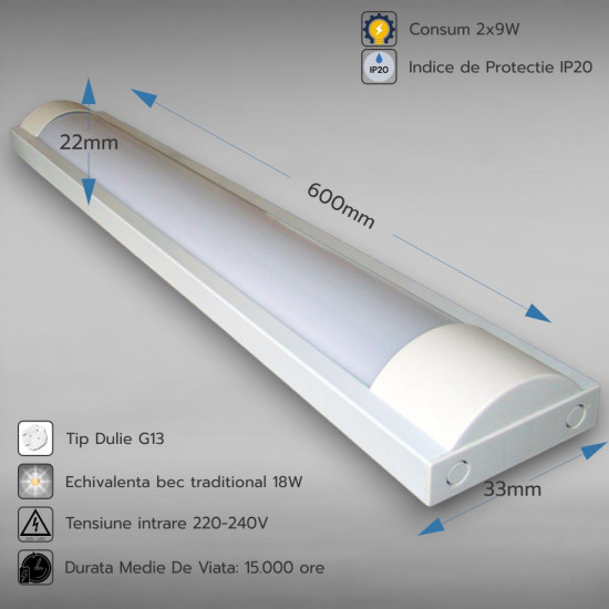 Corp Neon Fida Neechipat pentru Tub Led 2x9W (9W=18W) - 60 cm