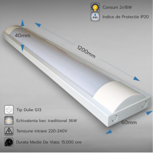 Corp Neon Fida Neechipat pentru Tub Led 2x18W (18W=36W) - 120 cm