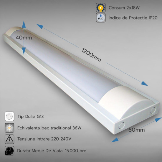 Corp Neon Fida Neechipat pentru Tub Led 2x18W (18W=36W) - 120 cm