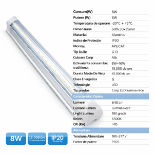 Corp T8 cu LED Interconectabil Transparent 8W/6500k/640lm lumina rece 600mm