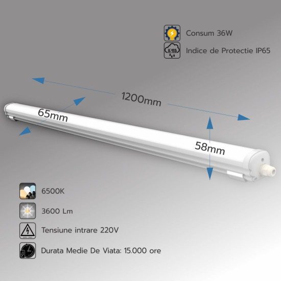 Corp LED IP65, 36W = 72W, 6500K, lumina rece, 1200mm Corp LED IP65, 36W = 72W, 6500K, lumina rece, 1200mm