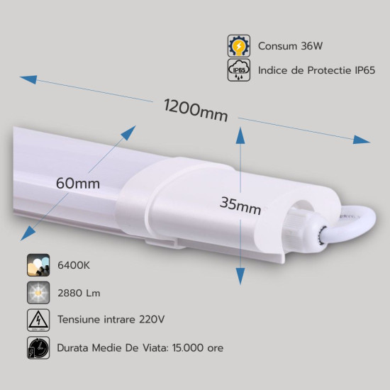 Corp Led 36W = 72W, 6400K, lumina rece, cu protectie IP65, 1200mm