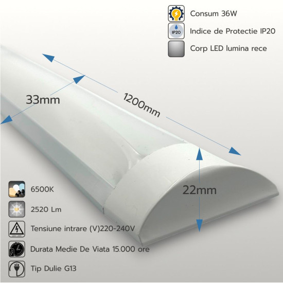 Corp Led Liniar FIDA 36W=72W, 6500K, lumina rece, 1200Mm