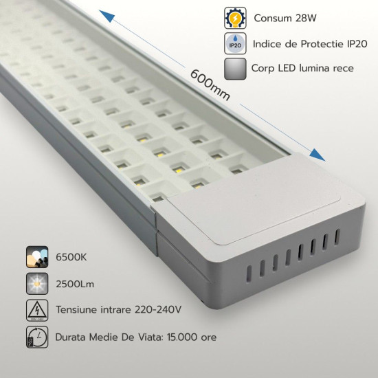 Corp led liniar transparent 28W/6500K/2500LM 600mm