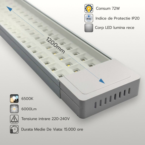 Corp led liniar transparent 72W/6500K/6000LM 1200mm