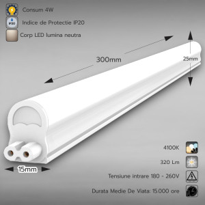 Corp Led T5 cu intrerupator, 4W=8W, 4100K, lumina neutra