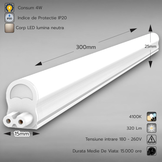 Corp Led T5 cu intrerupator, 4W=8W, 4100K, lumina neutra