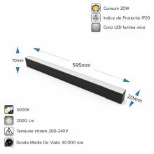 Corp LED liniar interconectabil, 20W, 5000K, negru