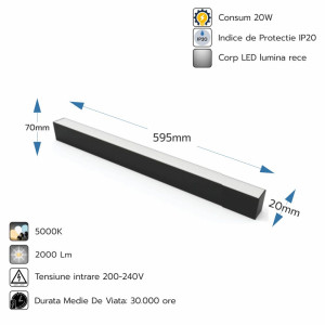 Corp LED liniar interconectabil, 20W, 5000K, negru