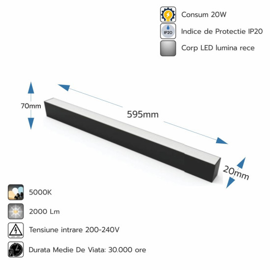 Corp LED liniar interconectabil, 20W, 5000K, negru