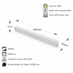 Corp LED liniar interconectabil, 20W, 5000K, alb