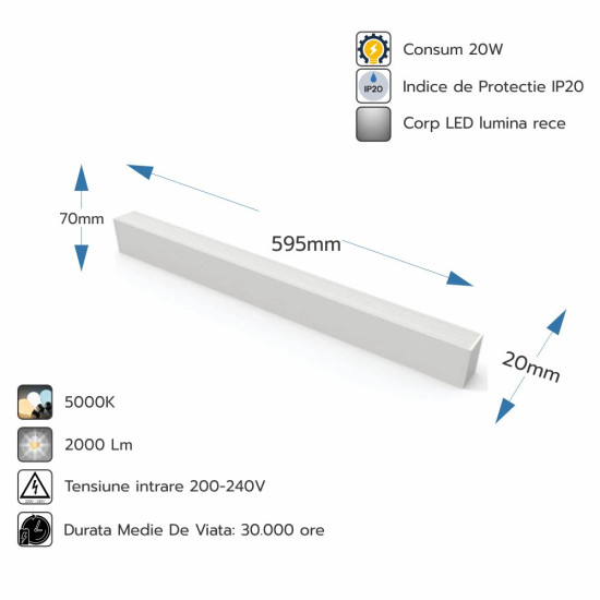 Corp LED liniar interconectabil, 20W, 5000K, alb