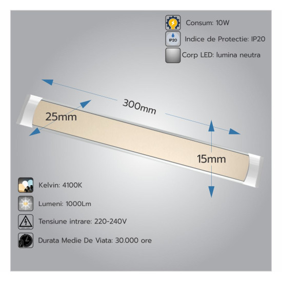 Corp Led Fida aluminiu, 10W=20W, 4100K, lumina neutra