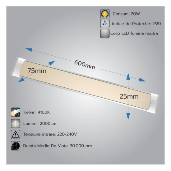 Corp Led Fida aluminiu, 20W=40W, 4100K, lumina neutra
