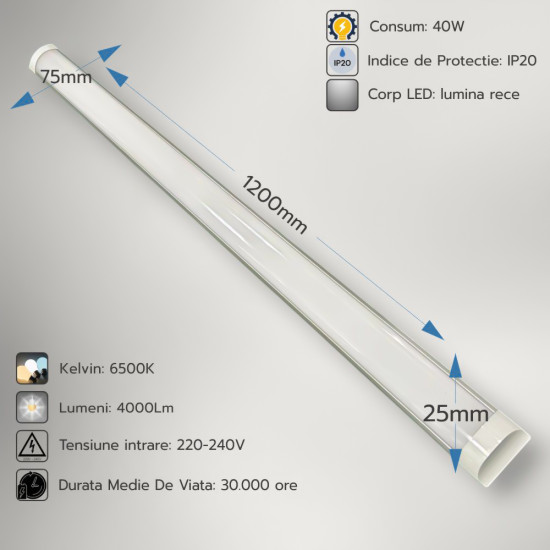 Corp Led Fida aluminiu, 40W=80W, 6500K, lumina rece