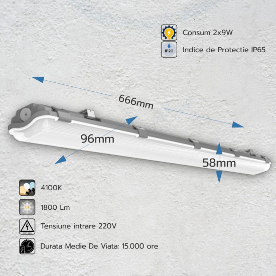 Corp Neon IP65 2X9W (Pentru Tub LED 60 cm)