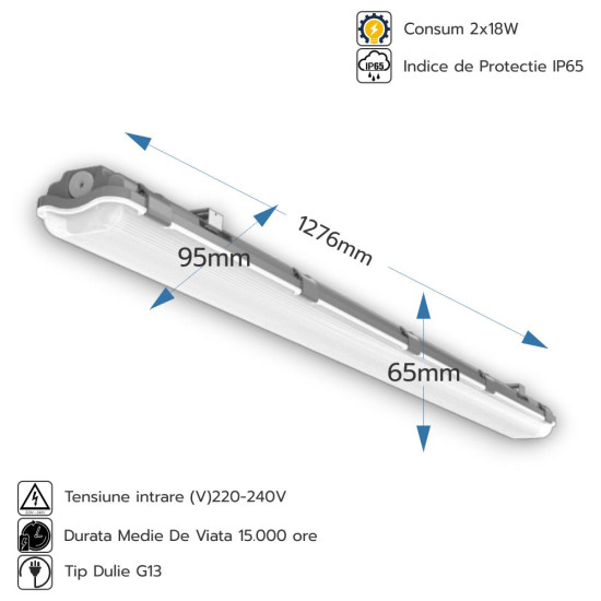 Corp Neon IP65 2X18W (Pentru Tub LED 120 cm)