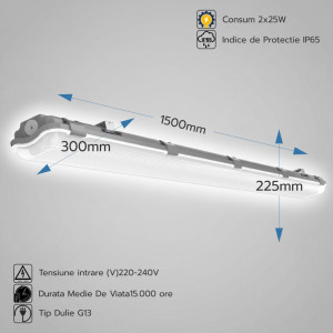 Corp IP65 Neechipat Pt Tub Led 2x25w T8 1500mm Alm 2 Capete+Reflector