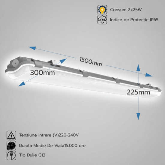 Corp IP65 Neechipat Pt Tub Led 2x25w T8 1500mm Alm 2 Capete+Reflector