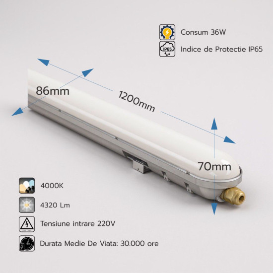 Corp LED 36W, 4000K, lumina neutra, IP65, 1200mm 120LM/W 5 ANI