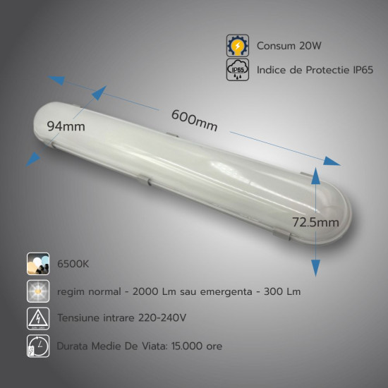 Corp led IP65 lumina rece cu kit de emergenta 3h 20W-220V 600mm