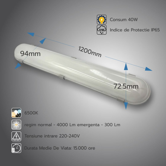 Corp led IP65 lumina rece cu kit de emergenta 3h 40W-220V 1200mm