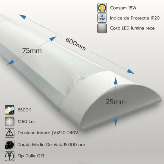 Corp Led Liniar FIDA 18W=36W, 6500K, lumina rece, 600Mm