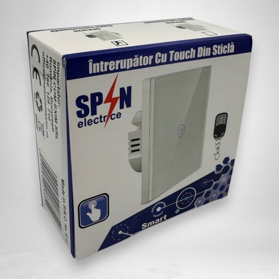Intrerupator touch dublu cu telecomanda RF, sticla securizata, alb