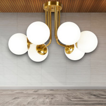 Lustra Cu Abajur Vega Gold 6, 55 x 31 cm, Glob Ø 13cm, 6x10W E27 