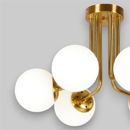 Lustra Cu Dulie si Abajur Vega Gold 6, 55 x 31 cm, Glob Ø 13cm, 6XE27 max 10W