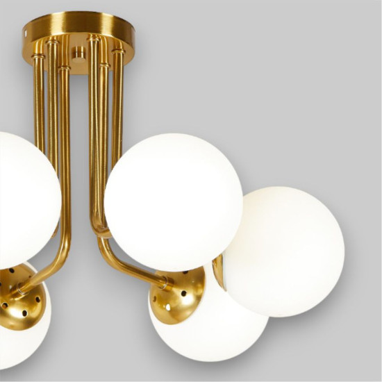 Lustra Cu Dulie si Abajur Vega Gold 6, 55 x 31 cm, Glob Ø 13cm, 6XE27 max 10W