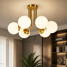 Lustra Cu Dulie si Abajur Vega Gold 6, 55 x 31 cm, Glob Ø 13cm, 6XE27 max 10W 