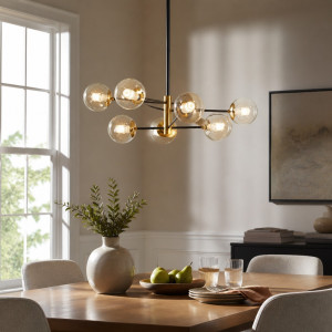 Lustra Suspendata Cu Dulie si Abajur Helios 8, 80 x 74 cm, Glob Ø 13cm, 8XE27 max 10W