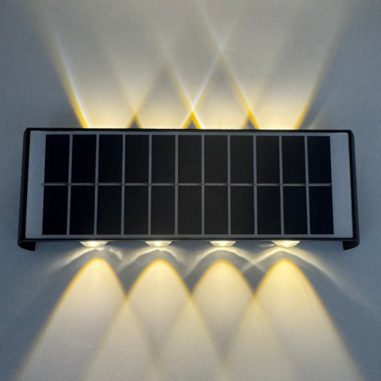 Aplica LED perete de exterior, 8W, solara, IP65, 3000K, lumina calda, senzor lumina, neagra