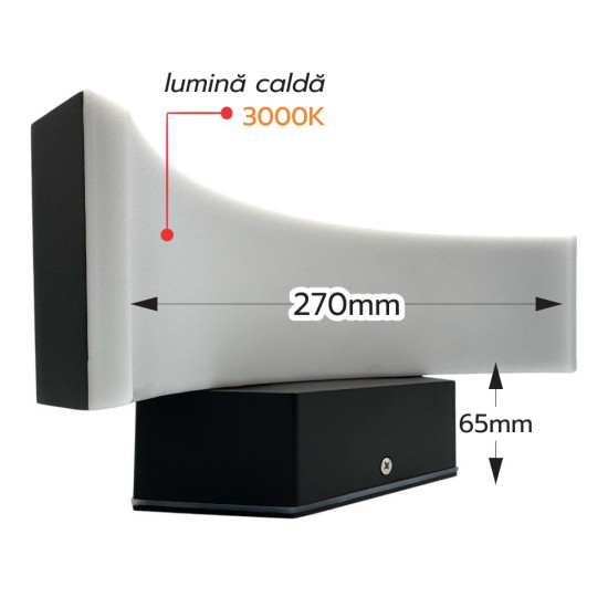 Aplica LED de exterior concava Neagra, 24W=160W, 3000K, lumina calda, 2160Lm, IP65