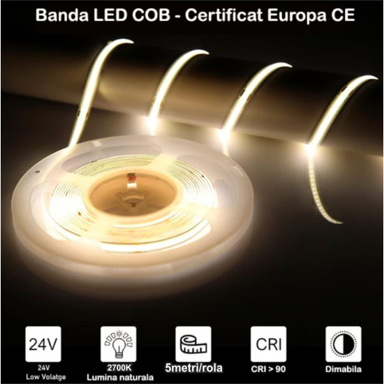 Banda LED COB 320LED/m 12W/m IP20 2700K 24V PCB 8mm - (5m/rola)
