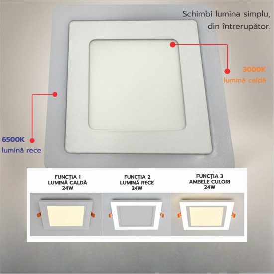 Spot LED Patrat Doua Culori 18+6W 3000k-6500k Trei Functii Spot LED Patrat Doua Culori 18+6W 3000k-6500k Trei Functii