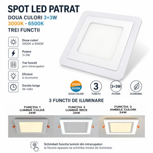 Spot LED Patrat Doua Culori 24+12W 3000k-6500k Trei Functii Spot LED Patrat Doua Culori 24+12W 3000k-6500k Trei Functii