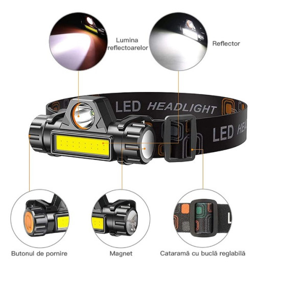 Lanterna led de cap cu acumulator 3W cu incarcare USB