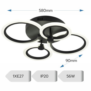 LUSTRA LED CERCURI NEAGRA 56W CU 4 BRATE 3 CULORI+IR 580mm x 90mm